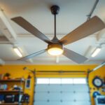 A photograph of a spacious garage featuring a stylish large ceiling fan in action