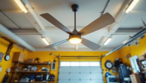A photograph of a spacious garage featuring a stylish large ceiling fan in action