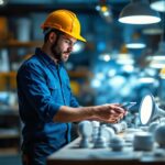 A photograph of a lighting contractor examining a variety of closeout light fixtures in a well-lit workshop