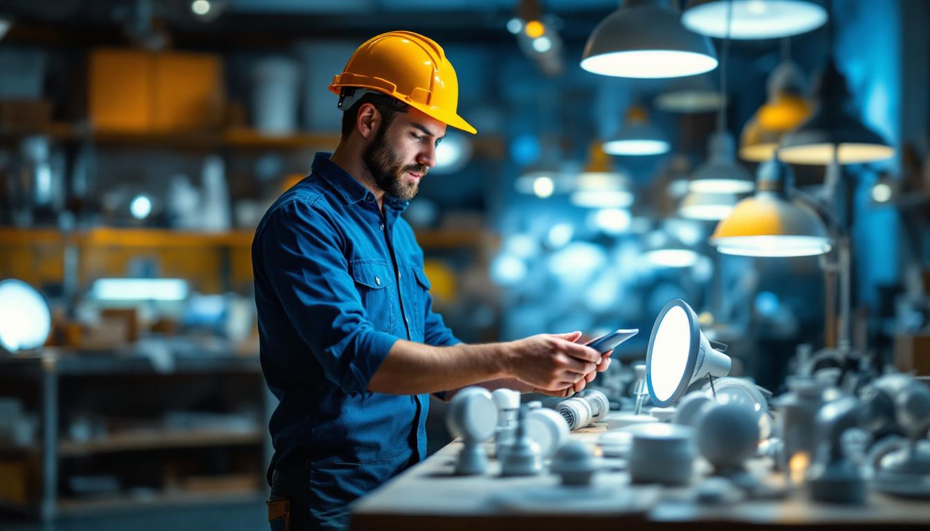 A photograph of a lighting contractor examining a variety of closeout light fixtures in a well-lit workshop