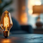 A photograph of a beautifully styled vintage led bulb in a cozy