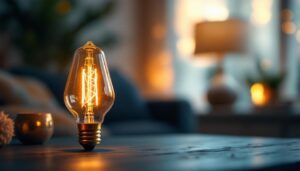 A photograph of a beautifully styled vintage led bulb in a cozy