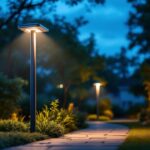 A photograph of a beautifully designed solar led lamp post light illuminating a residential pathway at dusk