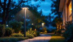 A photograph of a beautifully designed solar led lamp post light illuminating a residential pathway at dusk