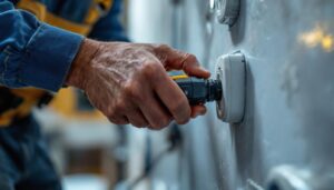 A photograph of a skilled lighting contractor expertly installing a waterproof plug in a residential or commercial setting