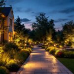 A photograph of a beautifully illuminated outdoor space at dusk
