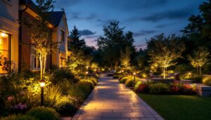 A photograph of a beautifully illuminated outdoor space at dusk