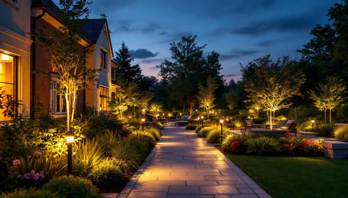 A photograph of a beautifully illuminated outdoor space at dusk