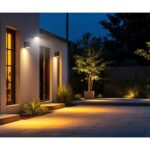A photograph of a well-lit outdoor space showcasing various types of security lights in action