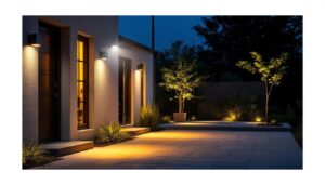 A photograph of a well-lit outdoor space showcasing various types of security lights in action