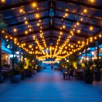 A photograph of a beautifully lit outdoor canopy area featuring vibrant led lights