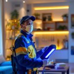 A photograph of a lighting contractor using a uv light device to sanitize a residential space