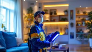 A photograph of a lighting contractor using a uv light device to sanitize a residential space