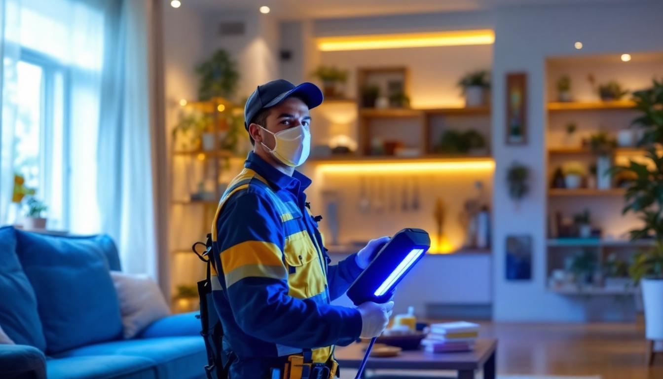 A photograph of a lighting contractor using a uv light device to sanitize a residential space