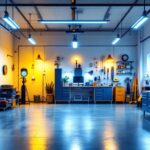 A photograph of a well-lit garage showcasing various led lighting setups