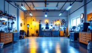 A photograph of a well-lit garage showcasing various led lighting setups
