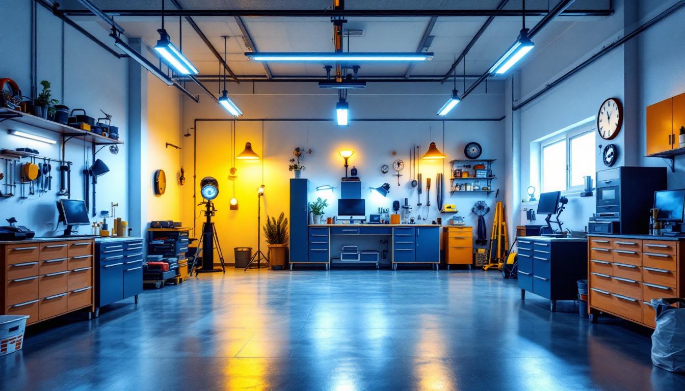 A photograph of a well-lit garage showcasing various led lighting setups