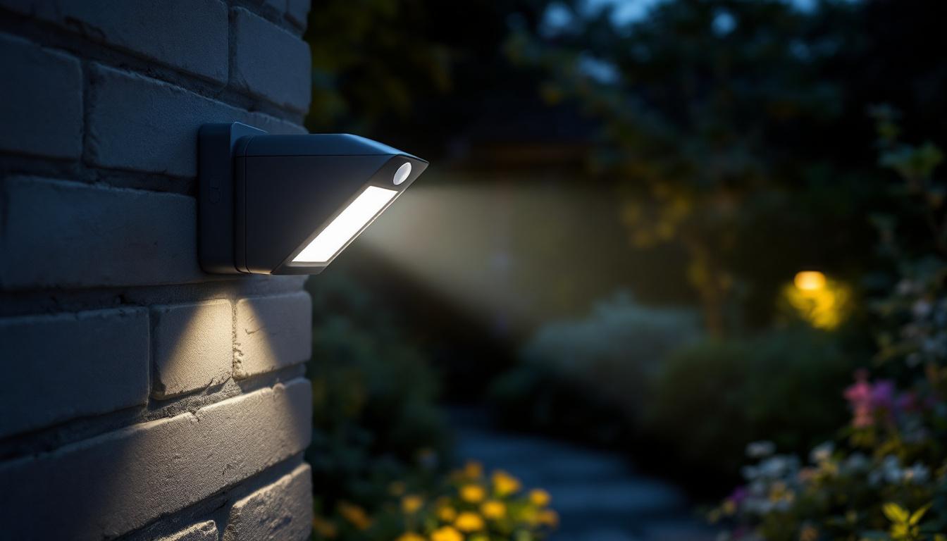 A photograph of a motion-sensing outdoor security light in action