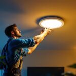 A photograph of a lighting contractor installing a sleek