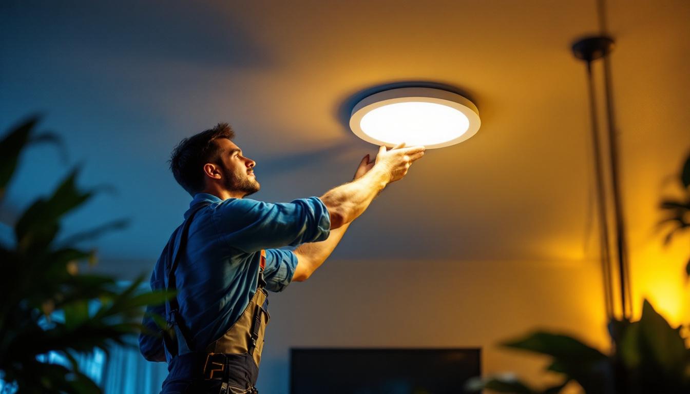 A photograph of a lighting contractor installing a sleek