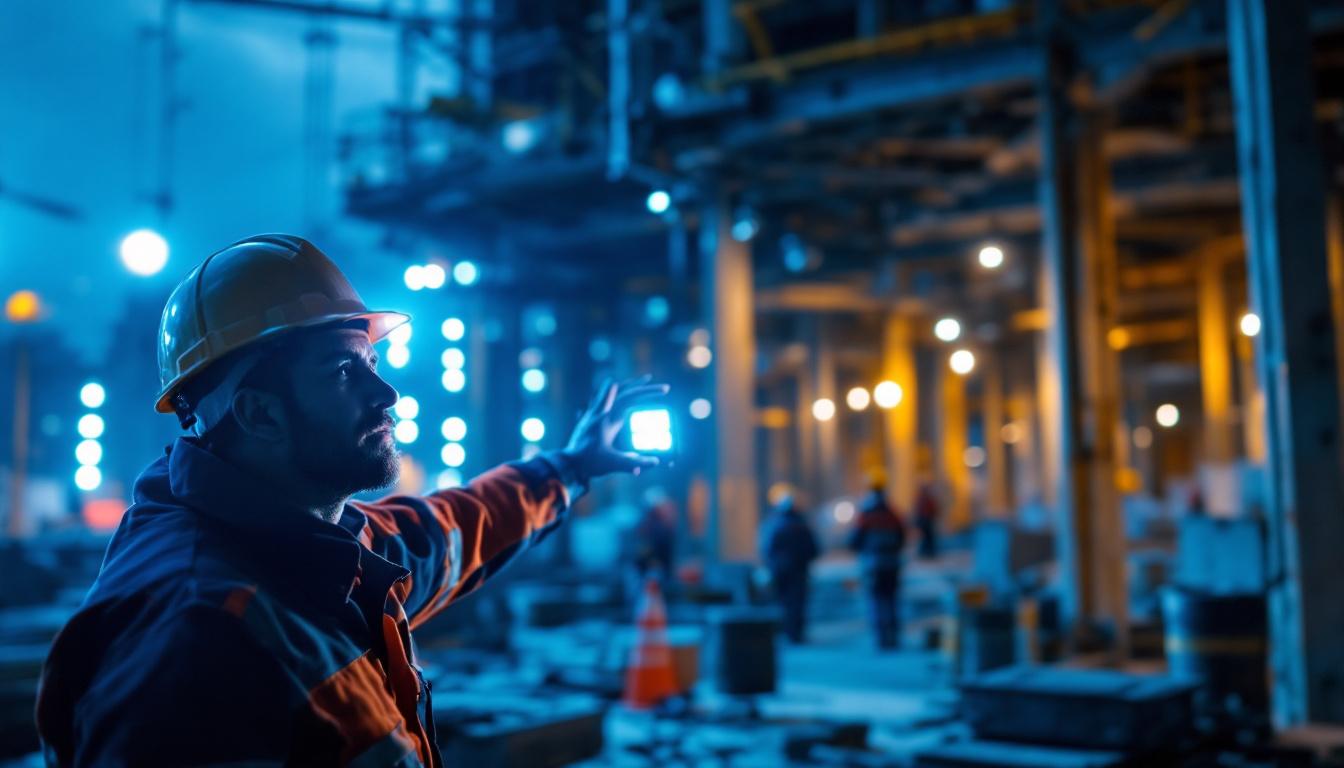 A photograph of a lighting contractor skillfully installing led work lights on a construction site