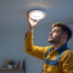 A photograph of a professional lighting contractor installing a sleek 4-inch recessed light in a modern home setting