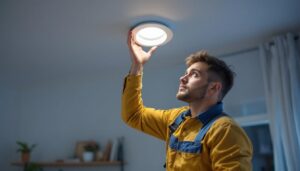 A photograph of a professional lighting contractor installing a sleek 4-inch recessed light in a modern home setting