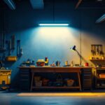 A photograph of a well-lit workshop or garage space featuring a 2 ft led shop light in use