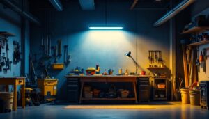 A photograph of a well-lit workshop or garage space featuring a 2 ft led shop light in use
