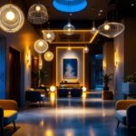A photograph of a stylish hotel lobby showcasing a blend of modern lighting fixtures