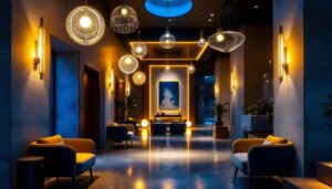 A photograph of a stylish hotel lobby showcasing a blend of modern lighting fixtures