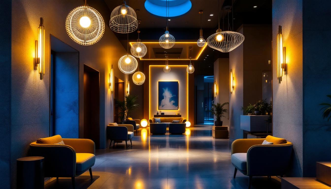 A photograph of a stylish hotel lobby showcasing a blend of modern lighting fixtures