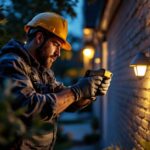A photograph of a lighting contractor expertly installing outdoor sensor lights in a residential setting at dusk