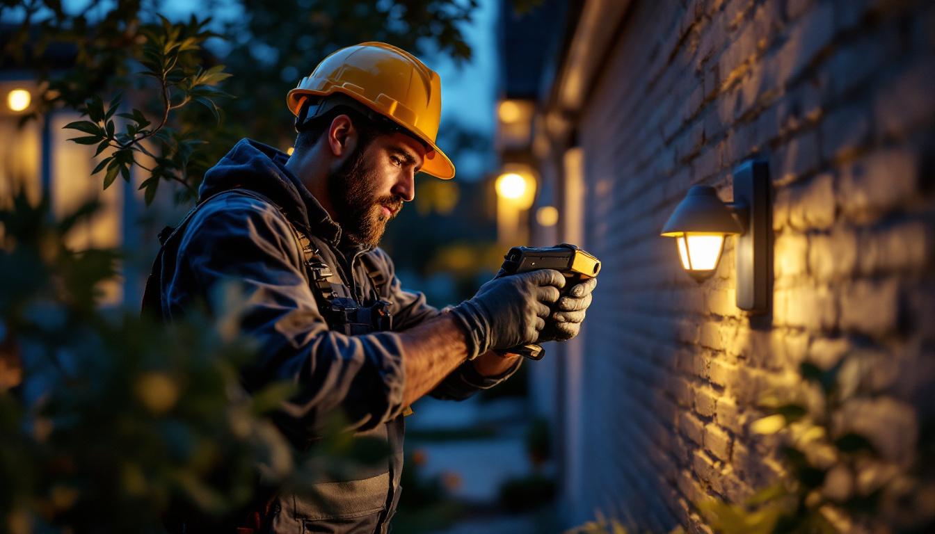 A photograph of a lighting contractor expertly installing outdoor sensor lights in a residential setting at dusk