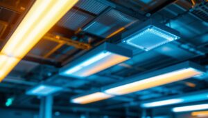 A photograph of a well-lit indoor space featuring fluorescent light baffles installed in the ceiling