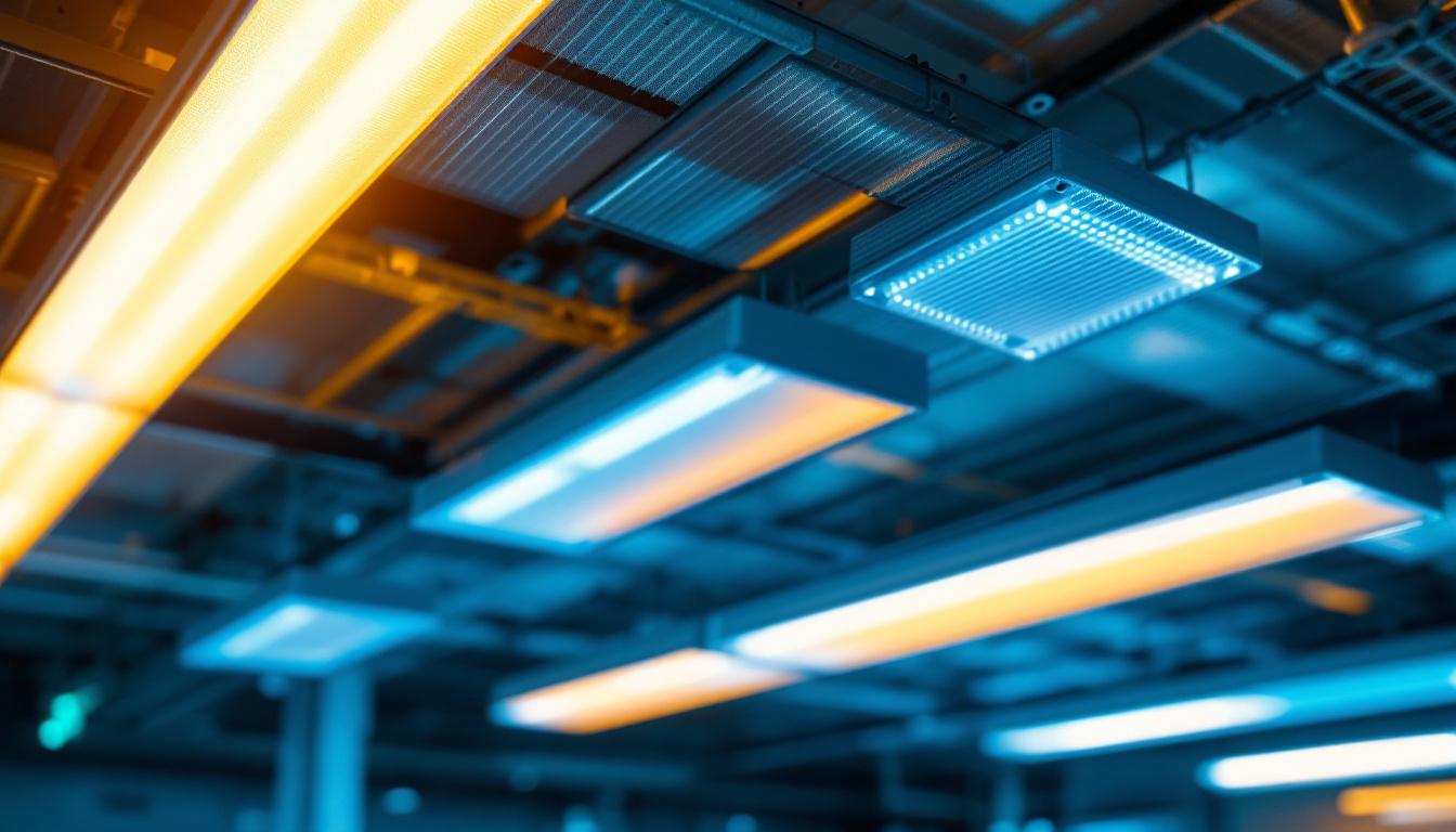A photograph of a well-lit indoor space featuring fluorescent light baffles installed in the ceiling