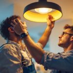 A photograph of a lighting contractor in action