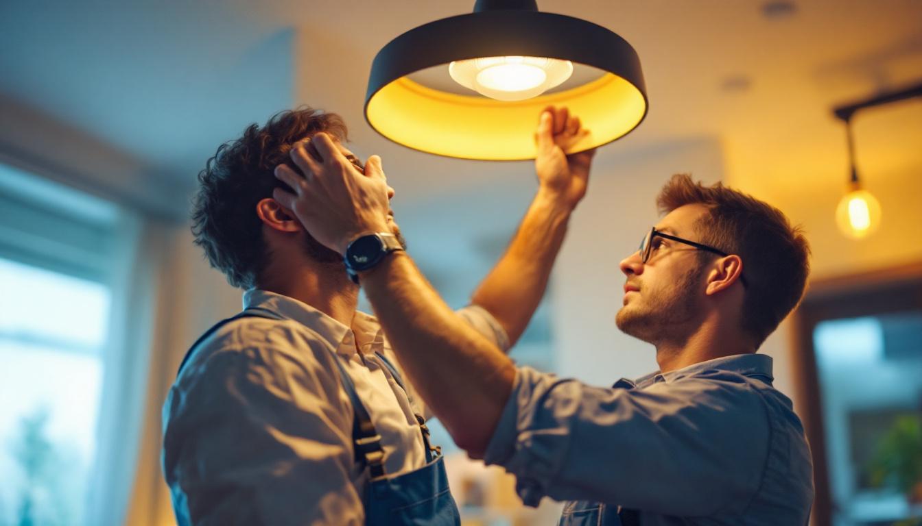 A photograph of a lighting contractor in action