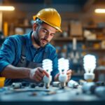 A photograph of a lighting contractor examining various cfl bulb ballasts in a well-lit workshop