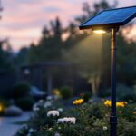 A photograph of a solar-powered post light illuminating a beautifully landscaped outdoor setting during dusk