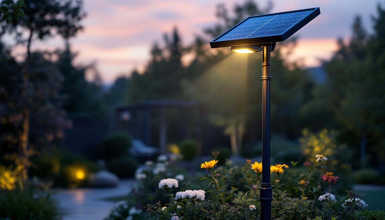 A photograph of a solar-powered post light illuminating a beautifully landscaped outdoor setting during dusk