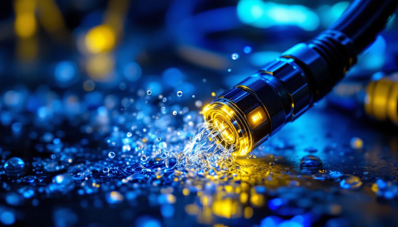 A photograph of a close-up shot of a waterproof cable connector being installed in a lighting setup