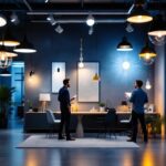 A photograph of a well-lit interior space showcasing a variety of stylish light fixtures