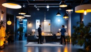 A photograph of a well-lit interior space showcasing a variety of stylish light fixtures