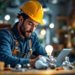 A photograph of a lighting contractor examining a variety of keystone light bulbs and their alternatives
