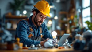 A photograph of a lighting contractor examining a variety of keystone light bulbs and their alternatives