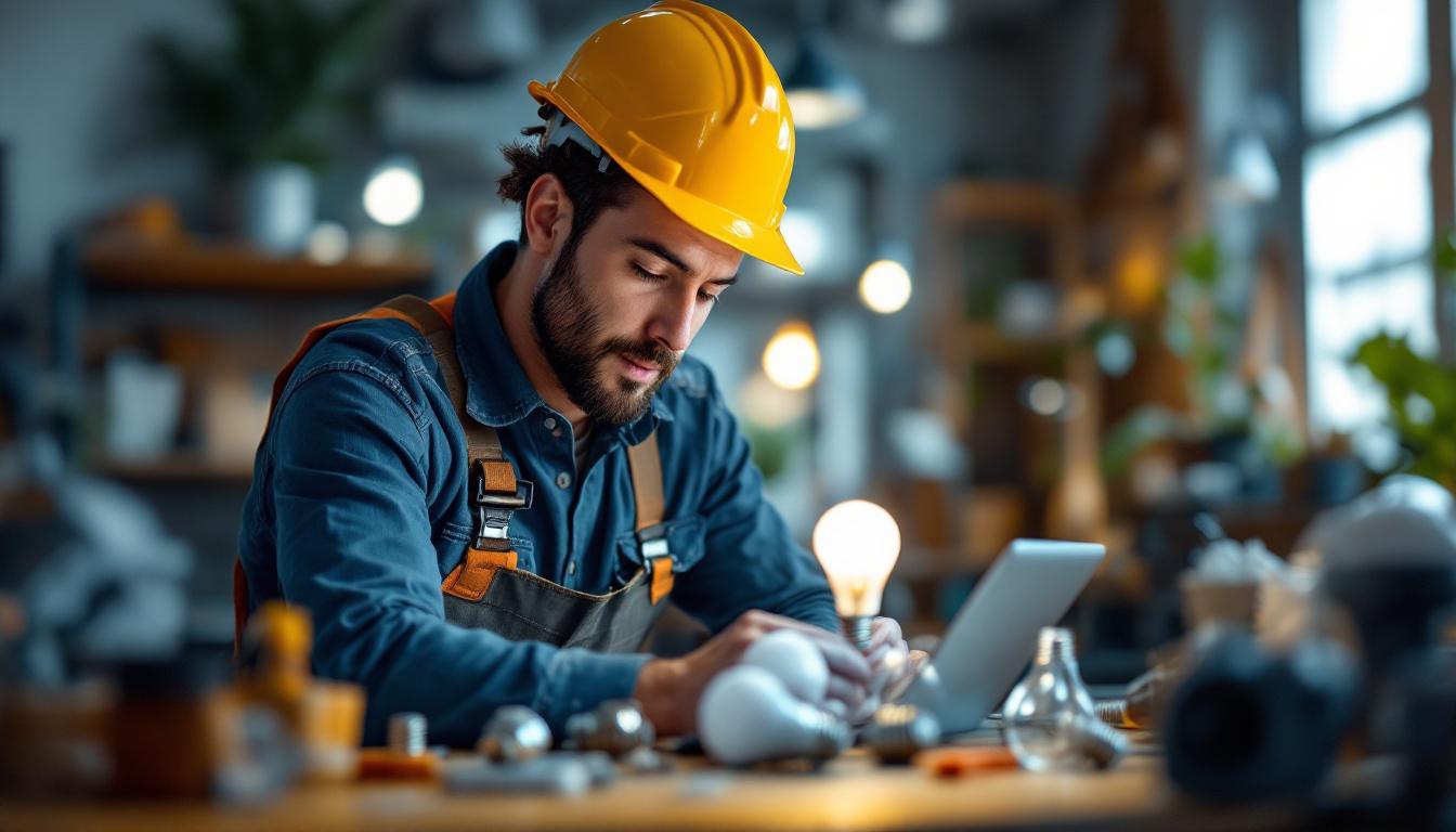 A photograph of a lighting contractor examining a variety of keystone light bulbs and their alternatives