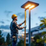 A photograph of a lighting contractor installing a sleek
