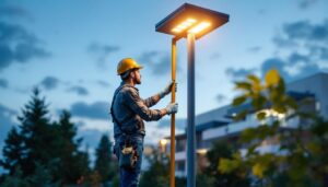 A photograph of a lighting contractor installing a sleek