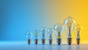 A photograph of a variety of light bulbs with different base types arranged on a clean